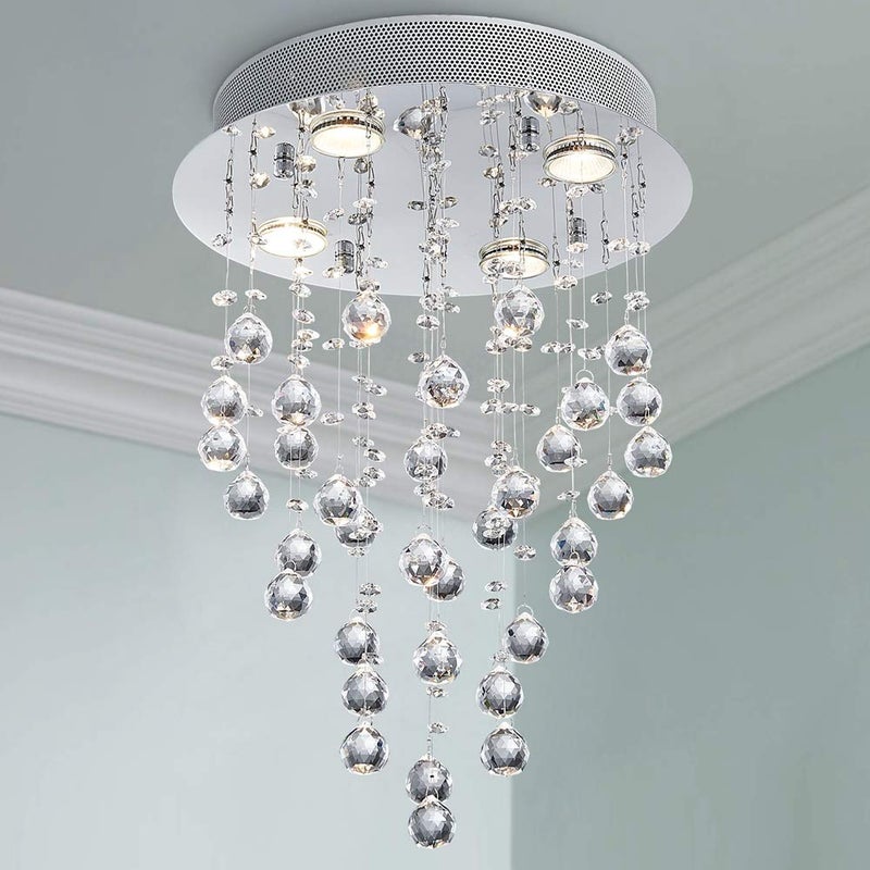 Bestier Modern Crystal Round Raindrop Chandelier Lighting Flush Mount LED Ceiling Light Fixture Pendant Lamp for Dining Room Bathroom Bedroom Livingroom 4 GU10 Bulbs Required 14 in Wide 20 inch High - Image 4